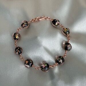 Murano Art Glass Chain-Link Bracelet Black With Pink Confetti